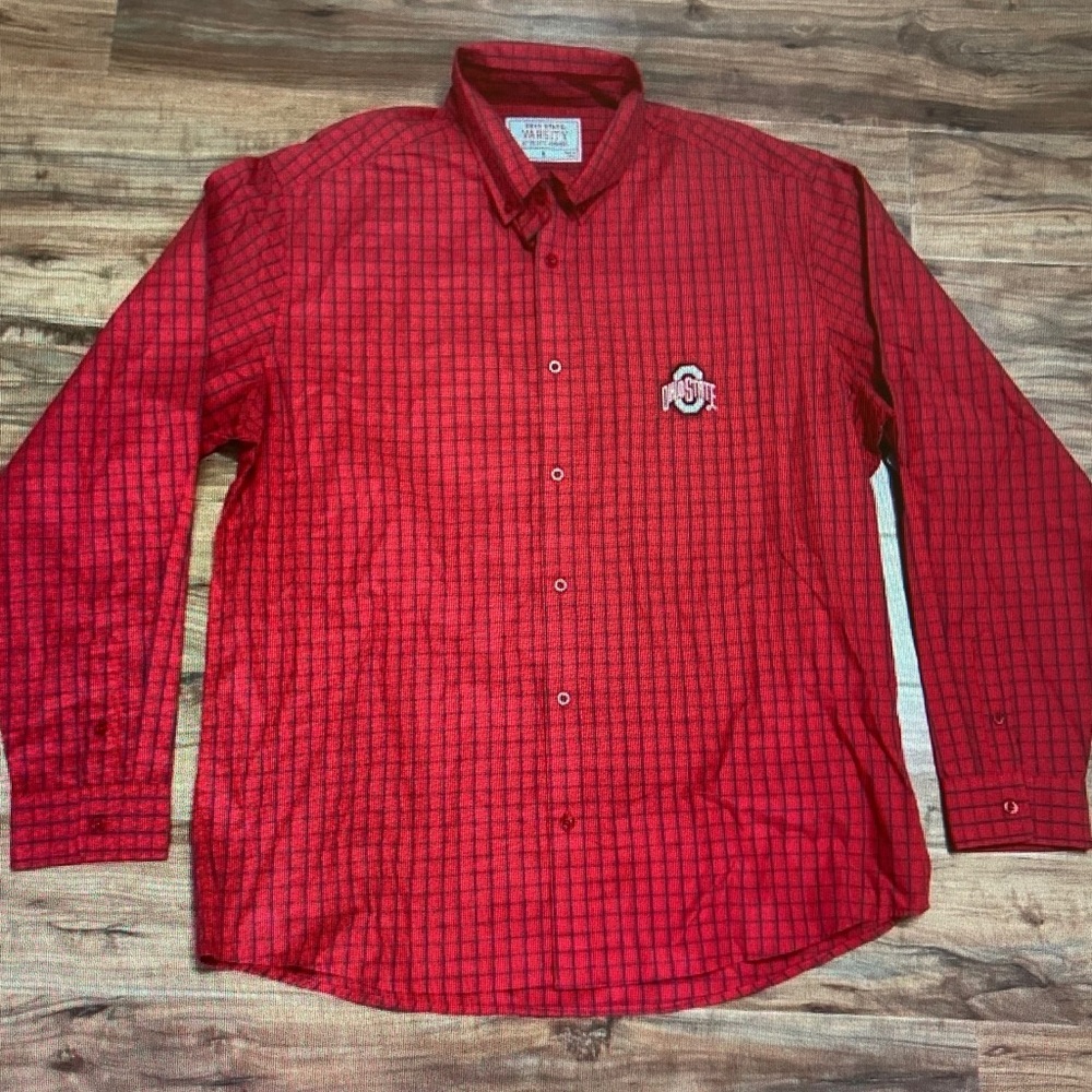 Varsity Red Check Button-Down Shirt with Embroidered Logo